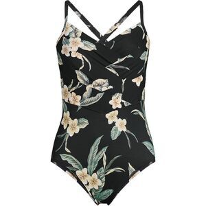 Land's End Plus slender suit pleated X back 1 piece swimsuit black floral Var